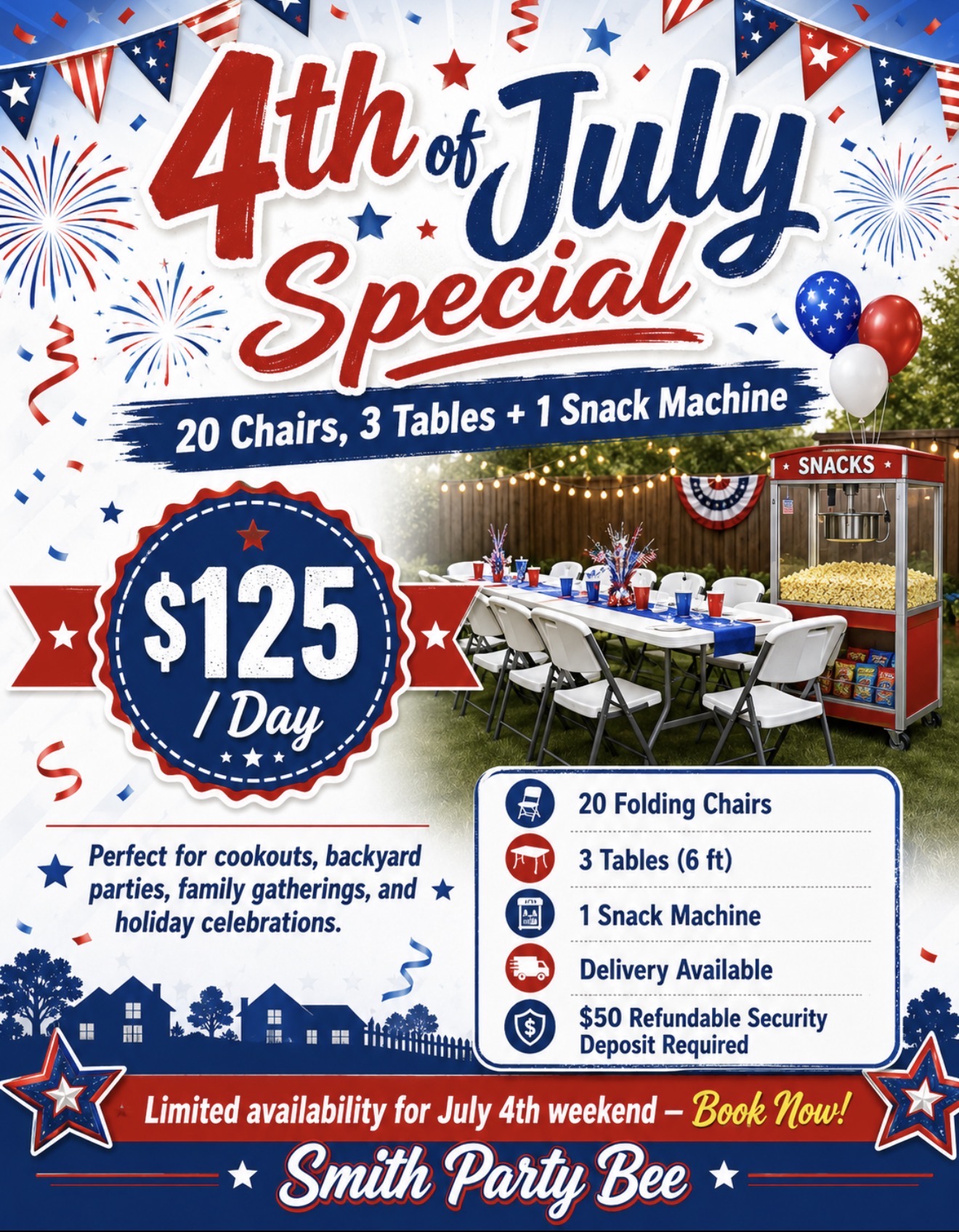 4th of July special -20 Chairs,3 Tables + 1 Snack Machine ($125/Day)